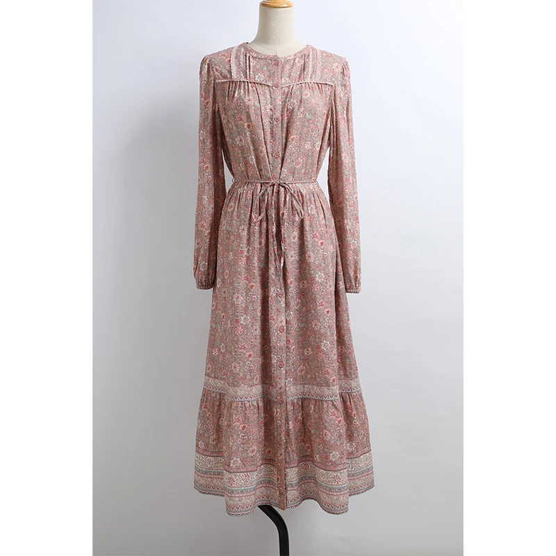 Elegant Floral Print Dress with Waist-Cinching Belt Spring Autumn Women's Fashion Straight Cut Long Sleeve Button Closure