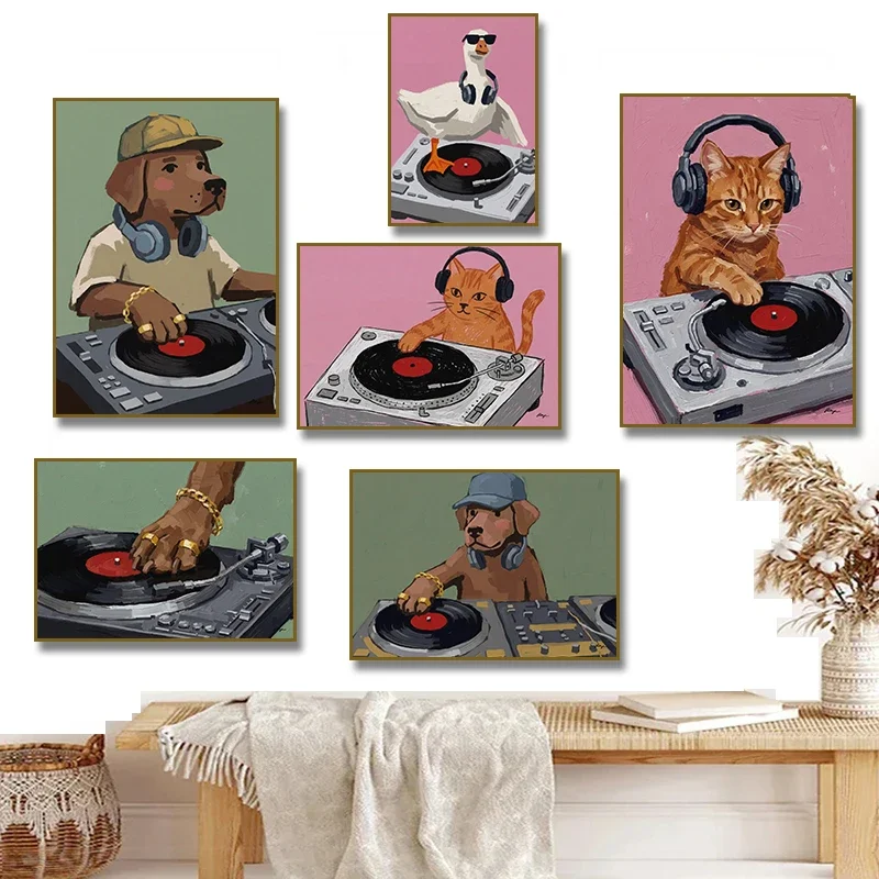 Multiple sizes 1pc frameless Canvas Painting,1pc frameless Canvas Painting Funny DJ Dog Cat Goose Vinyl Record Poster Canvas Pai
