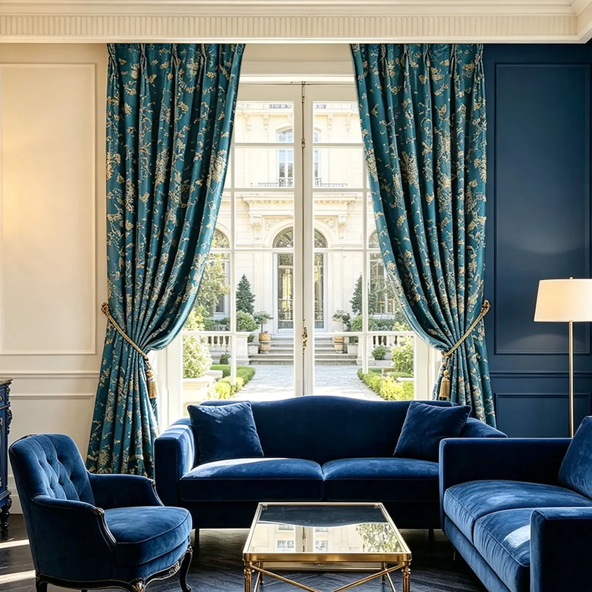 Peacock Blue Velvet Gold Foil Pinch Pleat Curtains 2pcs, Vintage Floral Blackout Drapes for Living Room Bedroom
