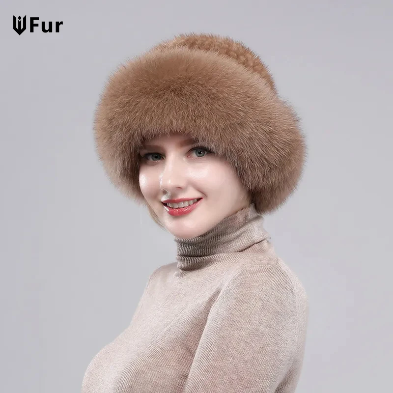 Women Real Mink Fur Bomber Hat Winter Genuine Fox Fur Knit Caps Warm Ear Protection Luxury Fluffy Mink Hats Elastic Bowler Hat