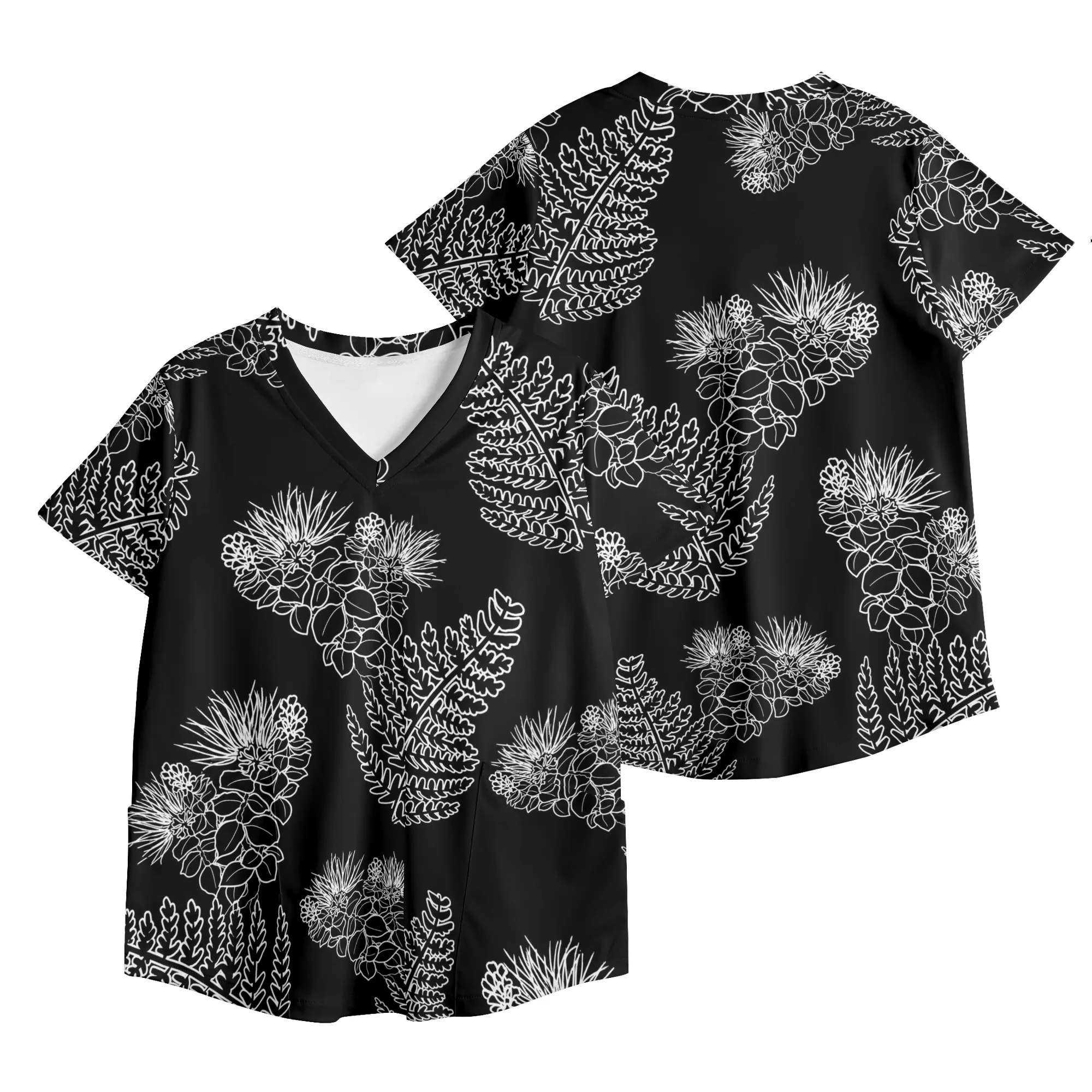 Polynesian Style Women Tops Samoa Print Women Tees Nurse Women V-Neck Short Sleeve Nursing Uniform