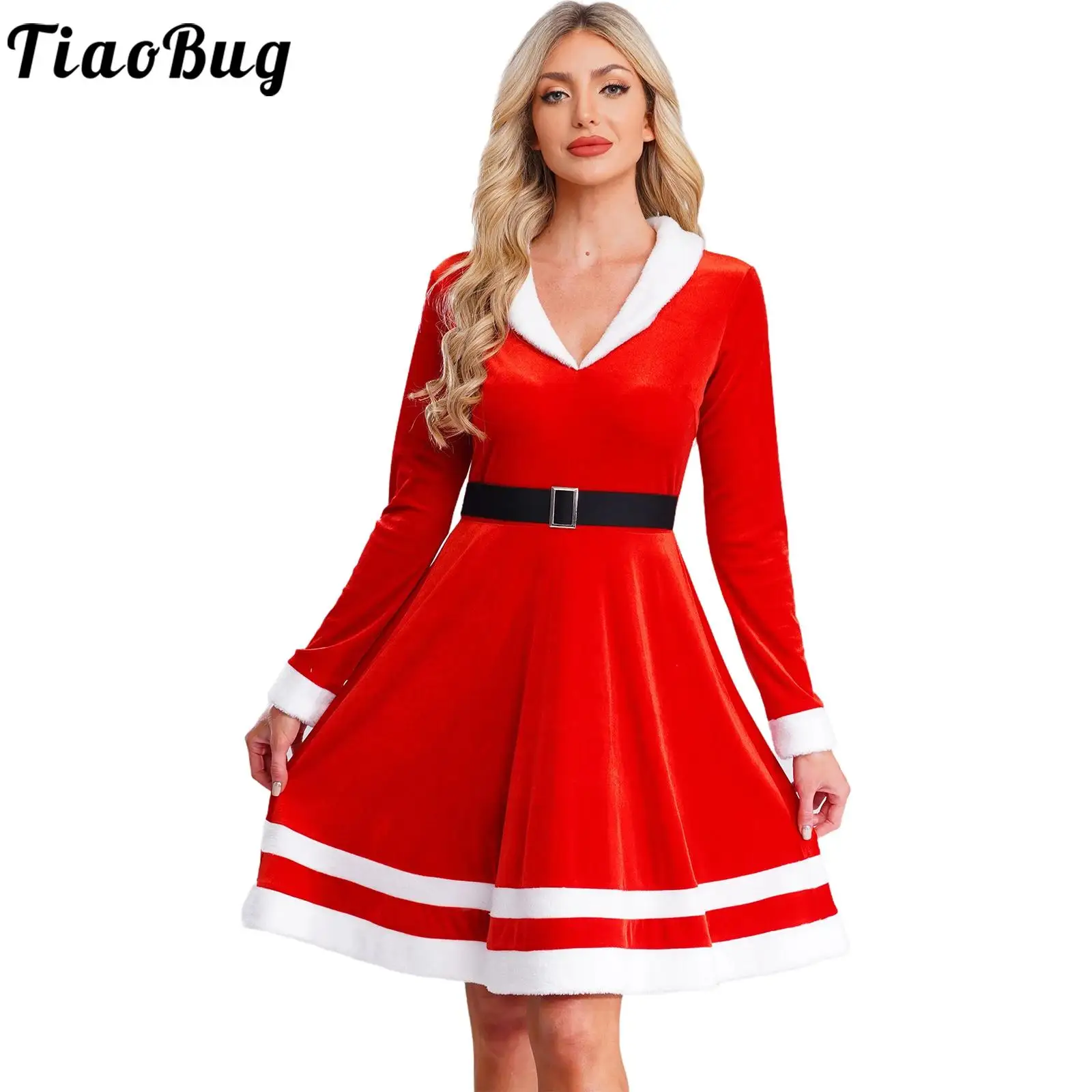

Women Belted Christmas Tutu Dress Long Sleeve Red A-Line Dress Santa Claus Cosplay Costumes for Festival Party Stage Performance