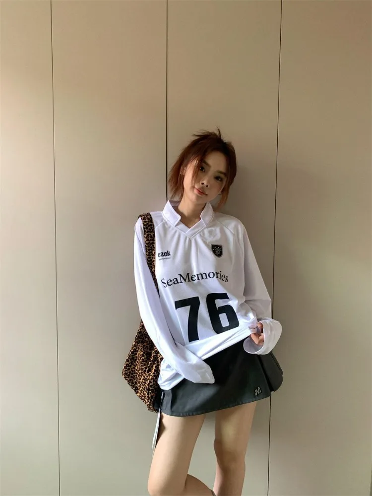 QWEEK Y2k Coquette American High Street White Long Sleeve T Shirt Women 2024 Fashion Autumn Streetwear Korean Kpop Tees Tops