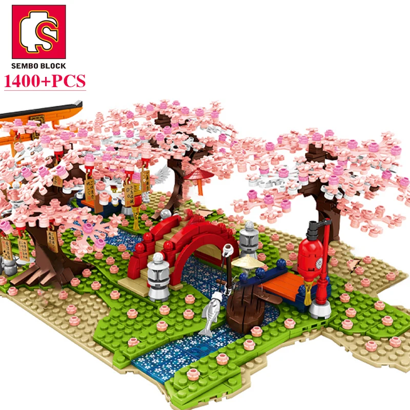 1167PCS Sakura Tree Building Blocks City Cherry Blossom House Japanese Street View Model Bricks Set With Mini Dolls Kids DIY Toy