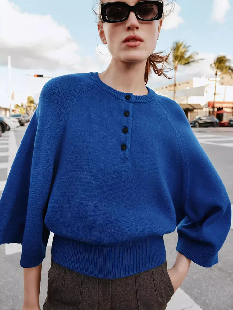 

Весна 2026: Новая женская повседневная свободная вязаная кофта с круглым вырезом, плоской вязкой и пуговицами