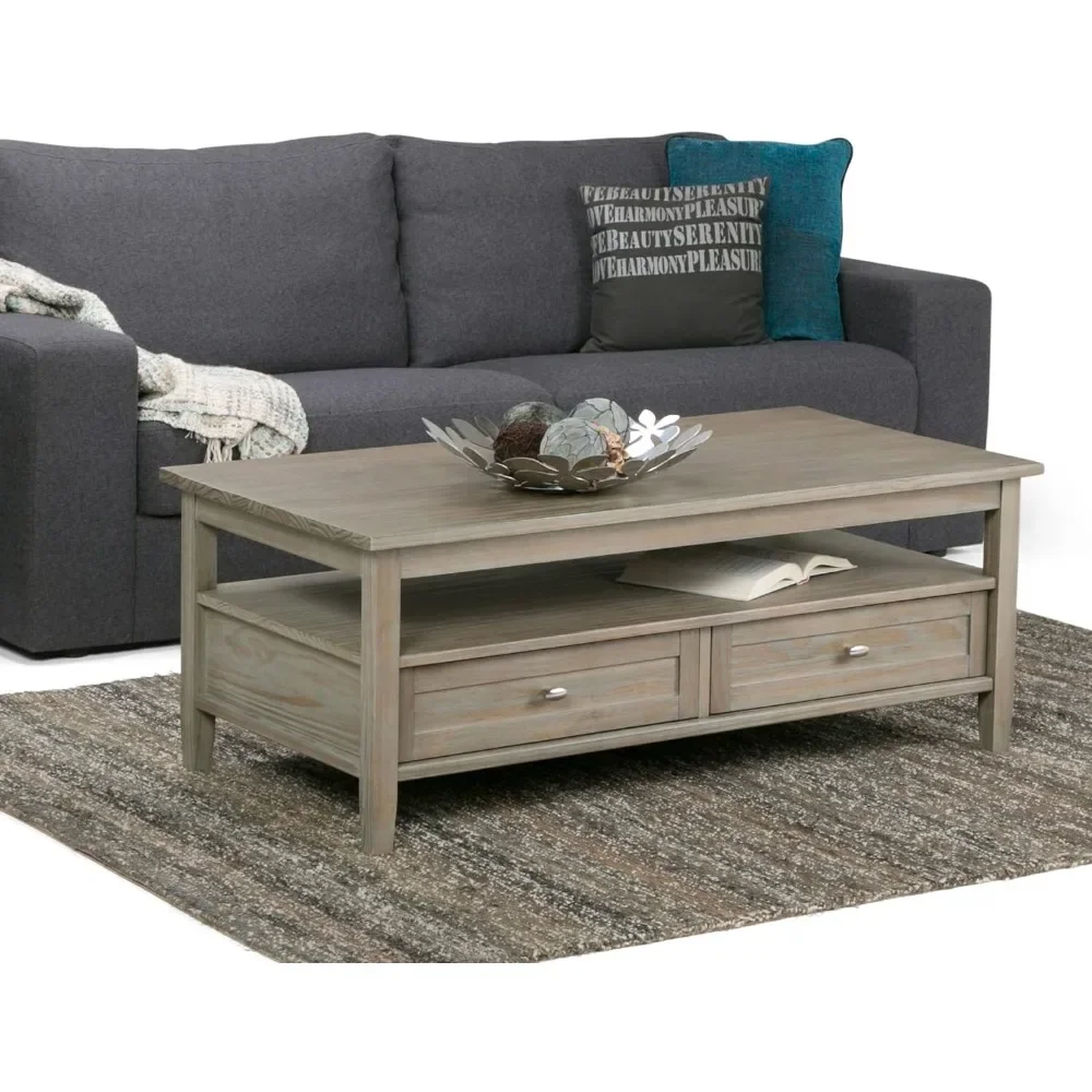 

Coffee Table Warm Shaker Solid Wood 48 Inch Wide Rectangular Transition, Distressed Grey for Living Room and Family Room