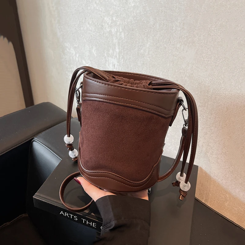 

Autumn Winter Vintage Frosted Mini Crossbody Bags Women Coffee Drawstring Design Bucket Bag Lady Phone Purse