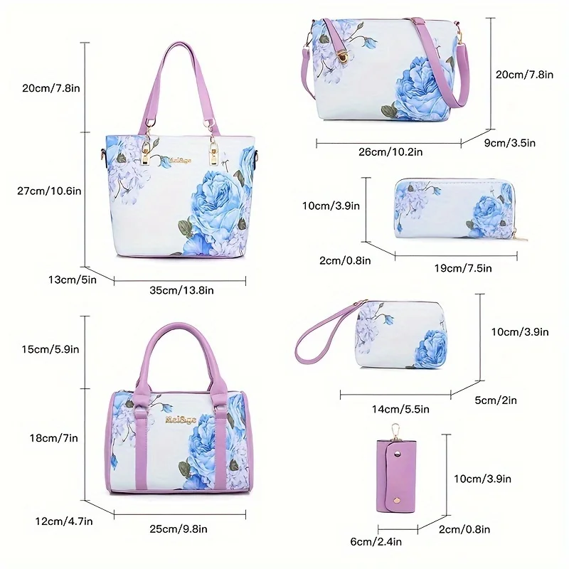 6 قطعة/المجموعة الفاخرة المرأة زهرة طباعة بو حقائب اليد مجموعة الرجعية حقيبة كتف كبيرة محفظة الأزياء حقائب كروسبودي كبيرة حمل المحفظة #5