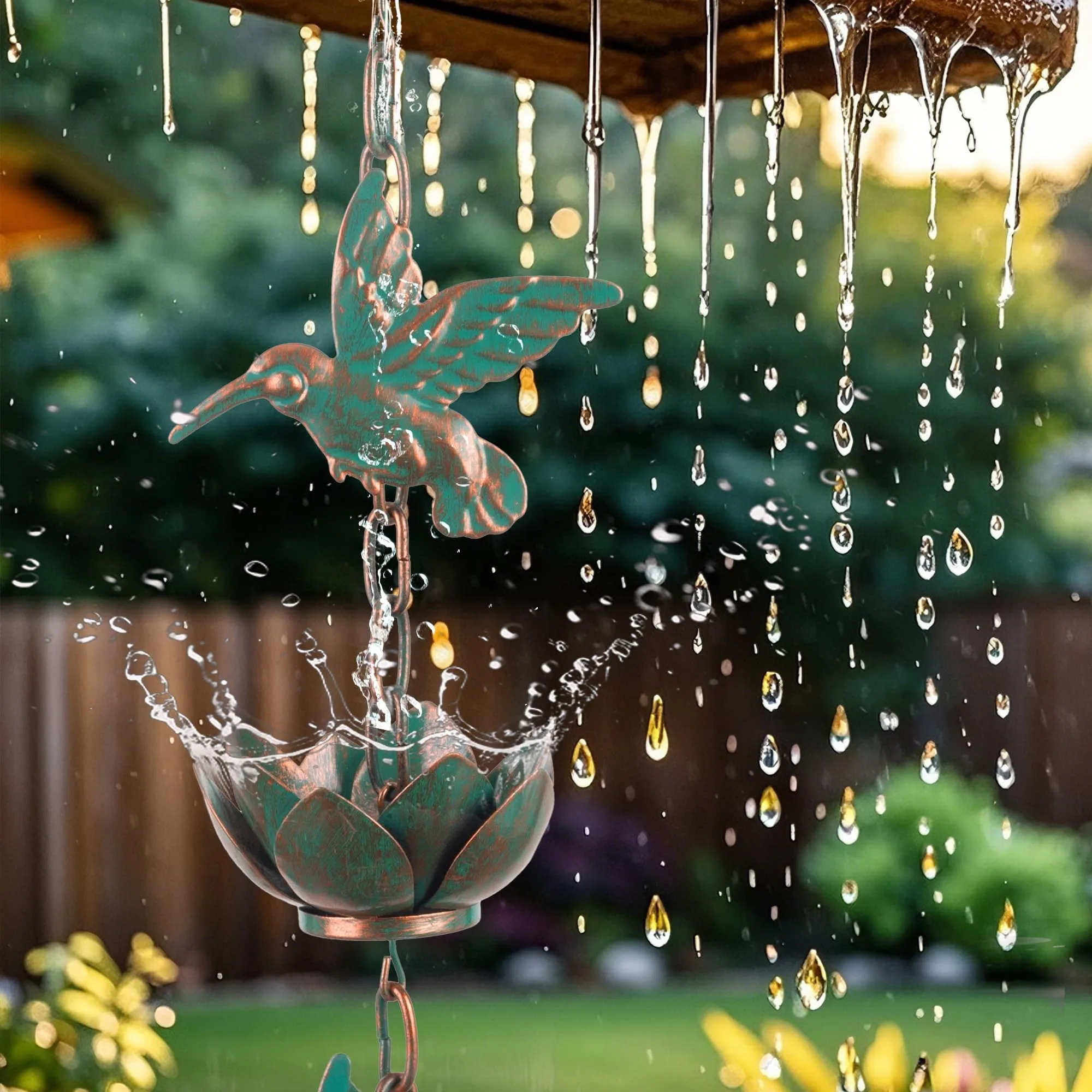 8.8 ft Copper Hummingbird Rain Chain, 12 Lotus Cups Functional Decorative Outdoor Downspout Replacement for Gutters