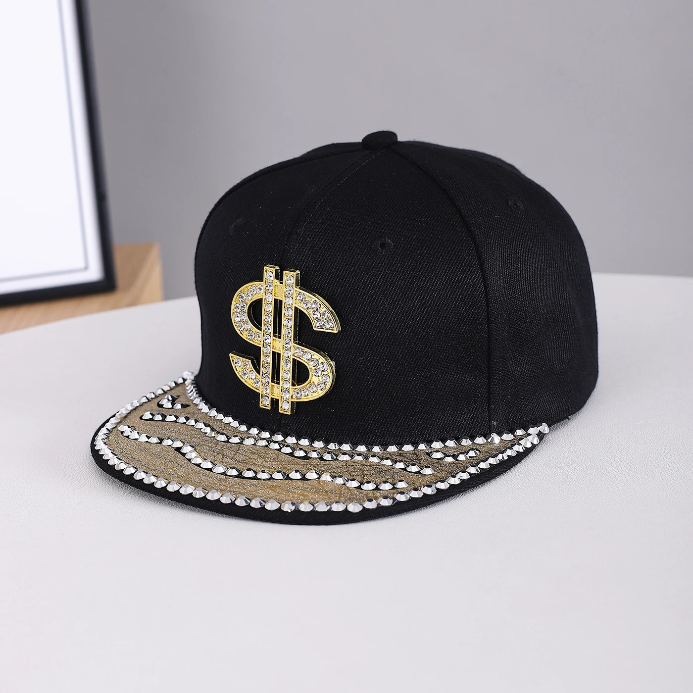 Hip-Hop Style Diamond-Studded American Flag Symbol, Wavy Water Droplet-Shaped Rhinestone Brimmed Flat-Brimmed Baseball Cap