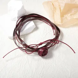 ZAA Red Rose Flower Pendant Necklaces for Women 2024 Trend Long Multilayer Vintage Leather Rope Chain Neck Jewelry
