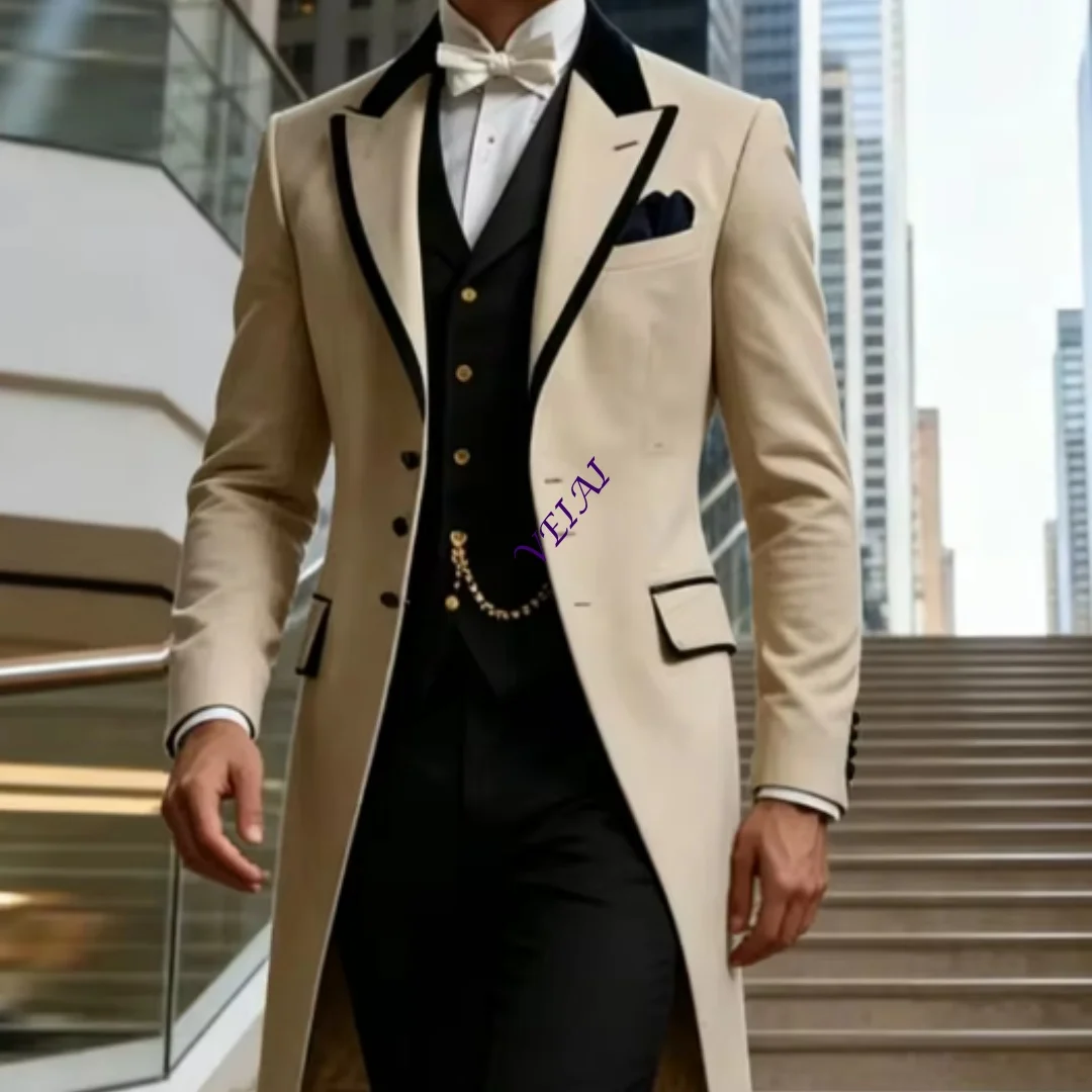 CustomizedElegant 3 Pieces Men Suits Peak Lapel Beige Long Blazer Vest Pant Set Tuxedo Suits for Men Wedding Dresses Business Ba