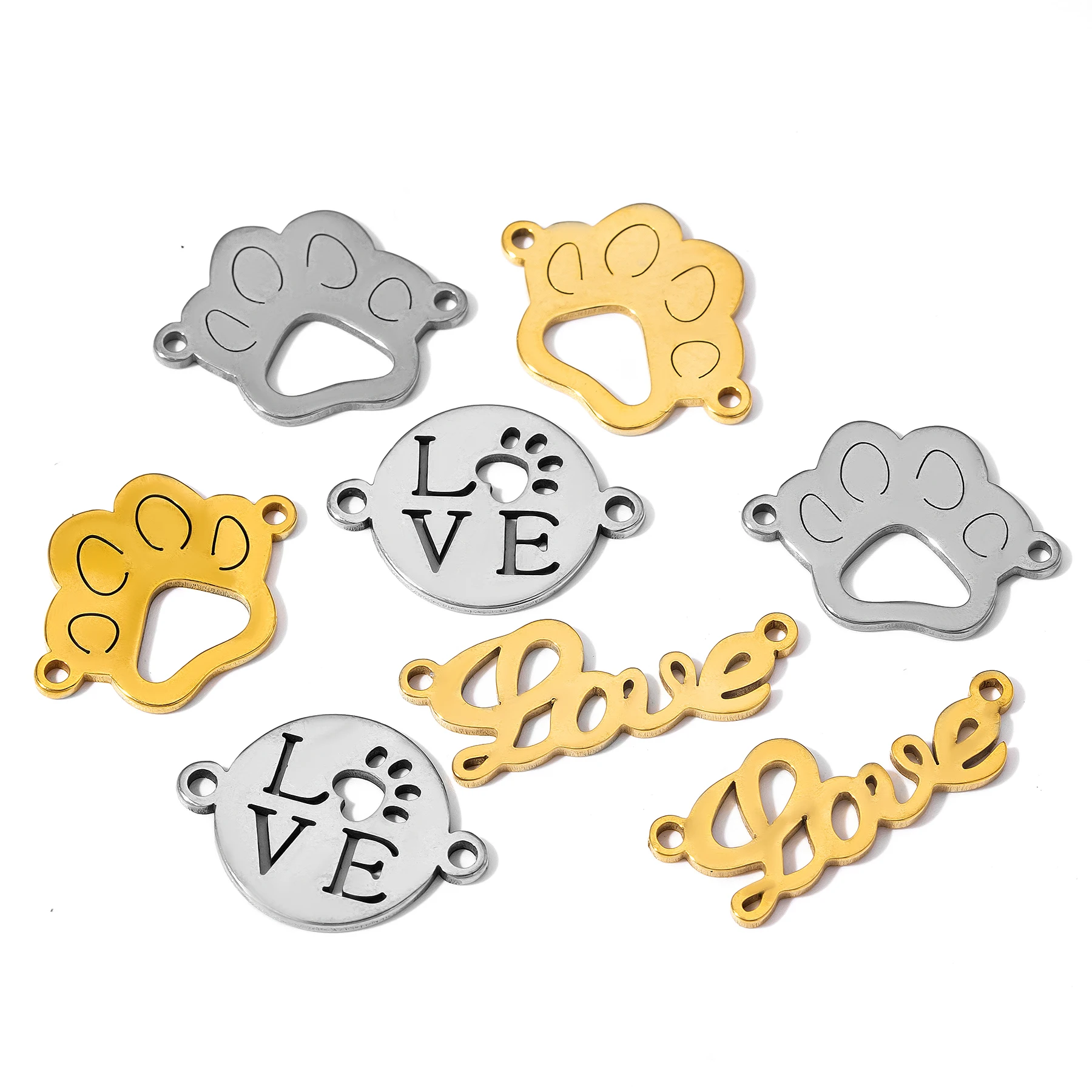 10 Stück/Set Edelstahl-Verbindungsanhänger mit Liebesbrief- und Pfotenabdruck-Motiv für DIY-Schmuckherstellung, Armband, Halskette – Detail 2