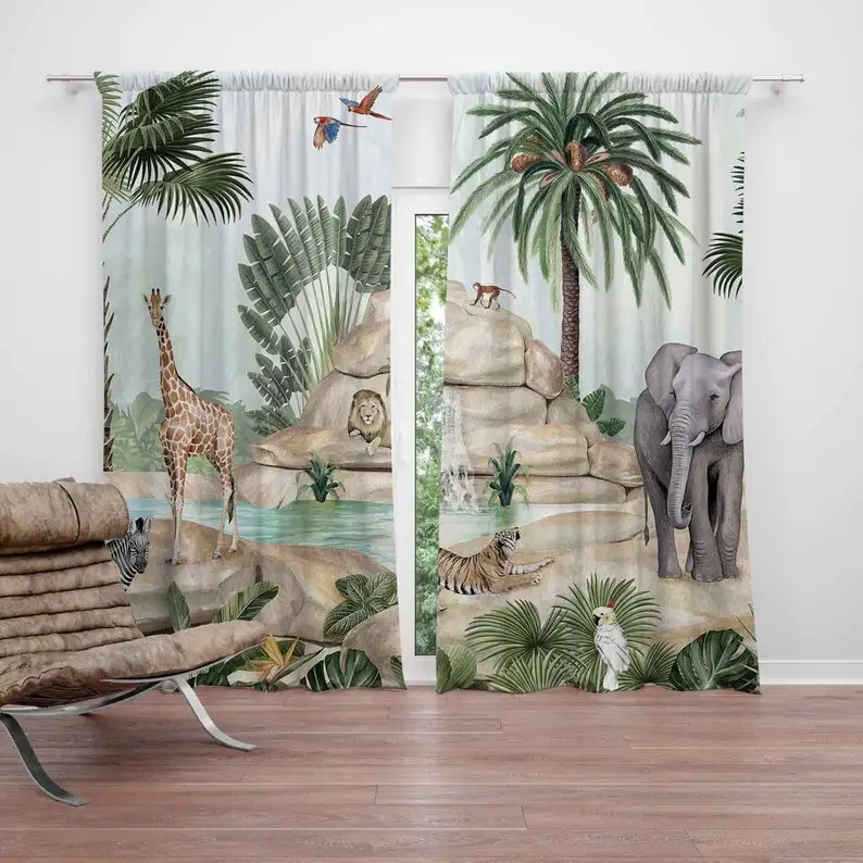 Safari Animals Nursery Curtains Kids Bedroom Curtains Black Out Nursery Decor Baby Room Bedroom Living Room Curtains