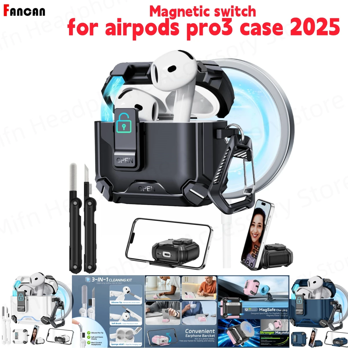 for 2025 New Airpods Pro 3 Case Compatible with Magnetic safety lock Earphone Cover TPU+PC Cover for AirPods 4/AirPods Pro 2 3