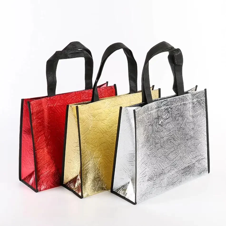 

500pcs/Lot Wholesale Custom Logo Printed Reusable Metallic Lamination Non Woven Shopping Bag Shoes Clothes Packing with Handle