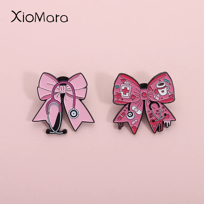 A Pink Colored Bow Medicine Box Pills Capsules Enamel Pins Doctor Nurse Stethoscope Brooches Lapel Badges Clothes Jewelry Gift