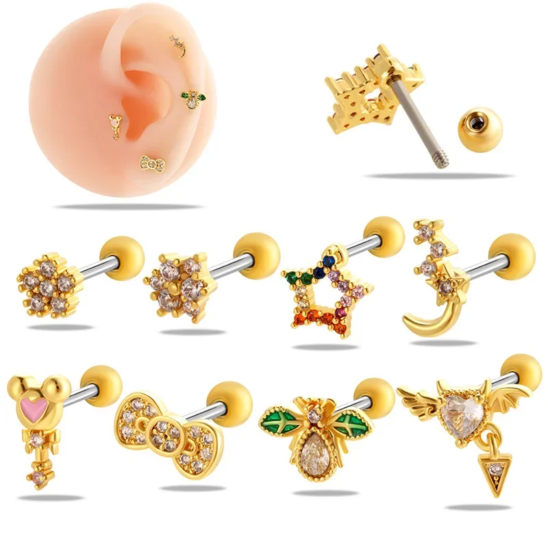 1 Stück mehrfarbige Bären stern Ohr stecker für Frauen 20g Edelstahl Ananas Schrauben Knorpel Ohrringe Helix Piercing Schmuck
