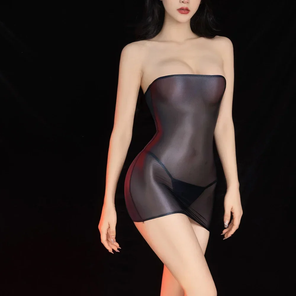 

Sexy Exotic Dresses Women Lingerie Bodycon Dress Oil Shiny Silky Clubwear Tube Top Mini Dress Sleepwear Woman Nightwear Porno