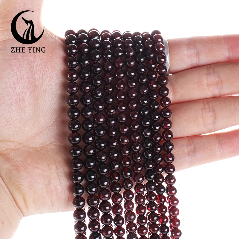 Zhe Ying Natural Garnet Gemstone Beads Round Smooth Loose Stone Beads for Bracelet Making DIY Jewelry Accessories