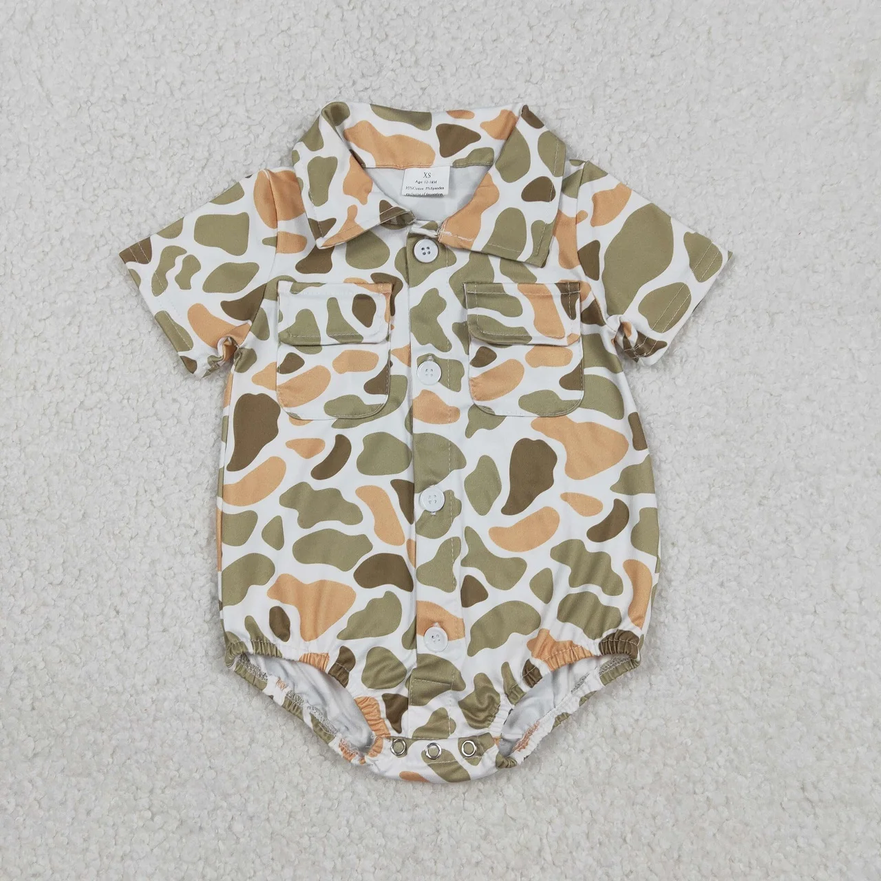 Wholesale Kids Toddler Orange Green Camo Pockets Romper Children Clothes Baby Boy Short Sleeves Coverall Newborn Infant Bodysuit