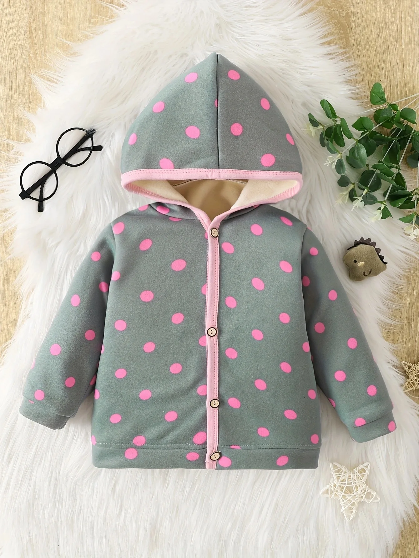 Baby boys and girls, spring and autumn round dot cartoon print hooded zipper long sleeved thin velvet jacket