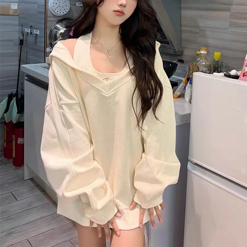 

Hotsweet Hooded Casual Sweatshirts Two Piece Set Halter Female Clothing Spring Autumn Korean Basic Solid Color Loose Pullovers