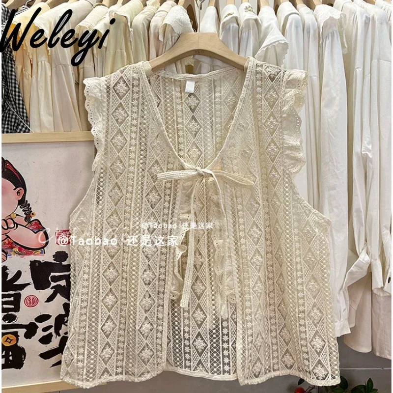 

Japanese Style Women's Lace Flounce Trim Knitted Vest Student Sweet Lace Up Knit Top Bandage Artistic Slimming Vests Outerwear