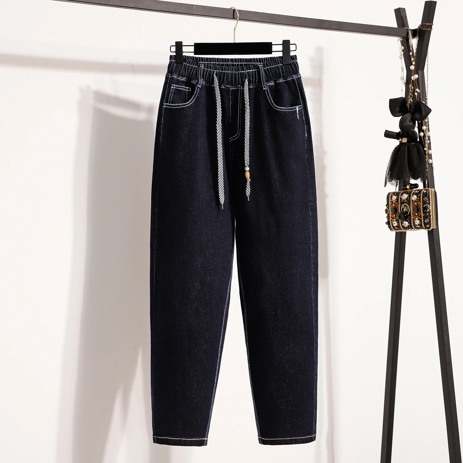 

Loose Fit High Waist Denim Jeans Big Size Autumn Winter Harem Pants Slimming Carrot ape Dad Sle Casual Cotton Blend