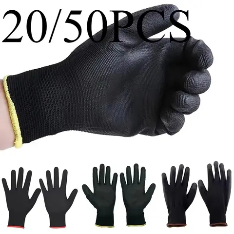 20/50PCS 코팅 나일론 PU 작업 장갑 안전 미끄럼 방지 내구성 코팅 나일론 PU 작업 장갑 캠핑 잠금 가장자리 색상 랜덤