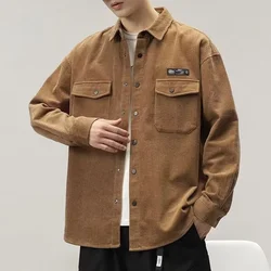 Korean Fashion Long Sleeve Corduroy Shirts For Men Y2K Vintage Loose Casual Jacket Streetwear Appliques Cargo Shirt Blouses