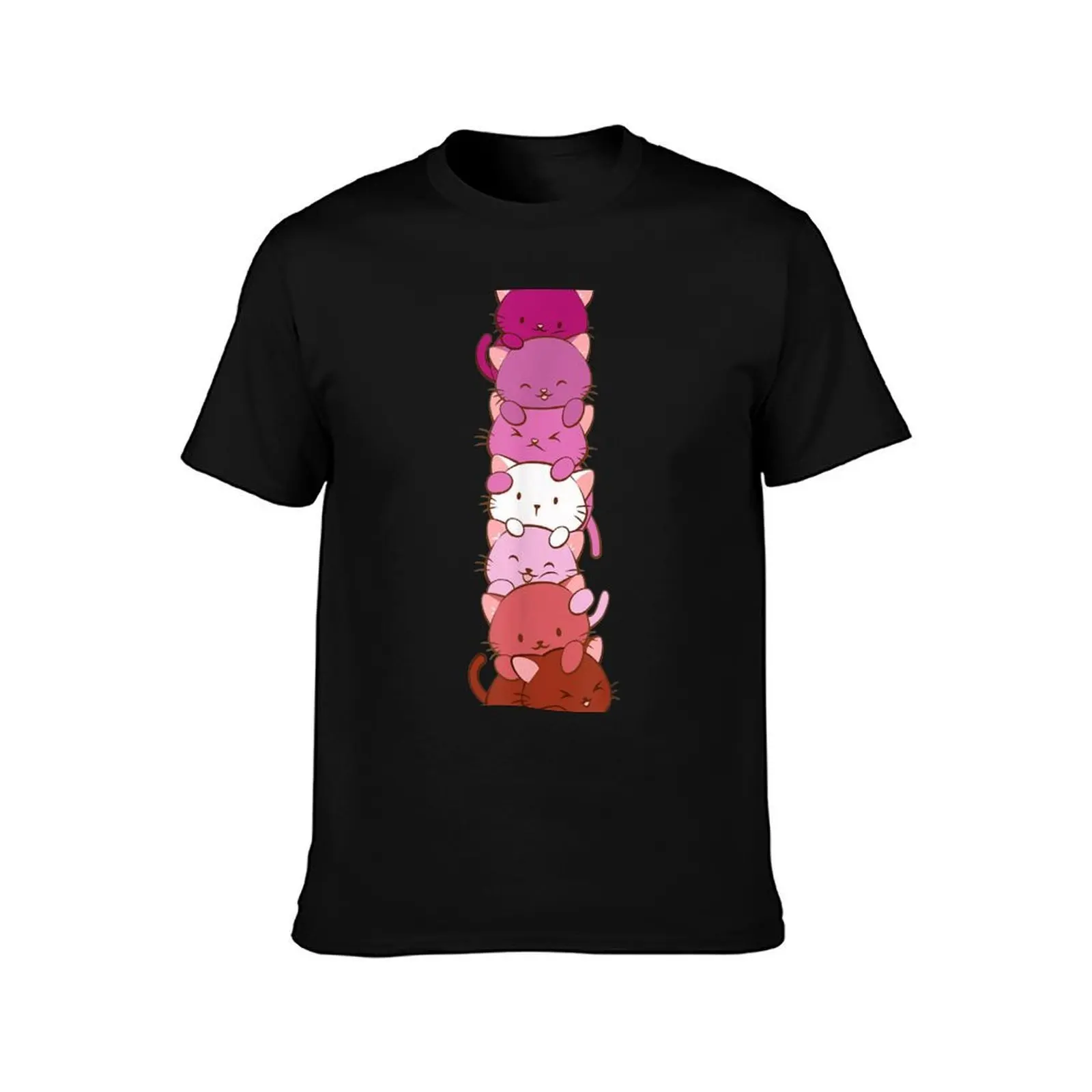 Lesbian Pride Flag Cute Pink Kawaii Cat Stack Anime Art T-Shirt, Summer Casual Cotton Tee, Oversized Streetwear Tops