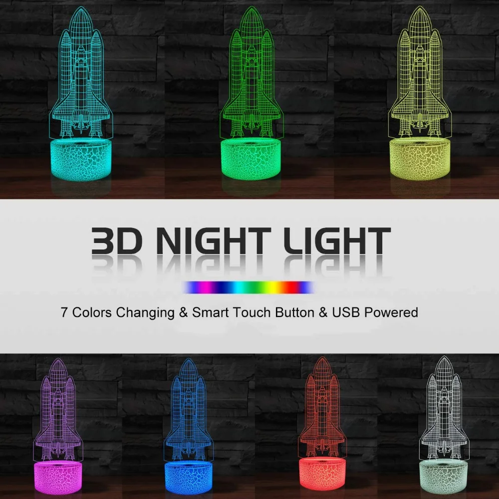 Rocket Night Light 3D Illusion Lamp LED Nightlight 7 Color Change Spaceship Desk Table Lamp Decoration Birthday Xmas Gift Kids