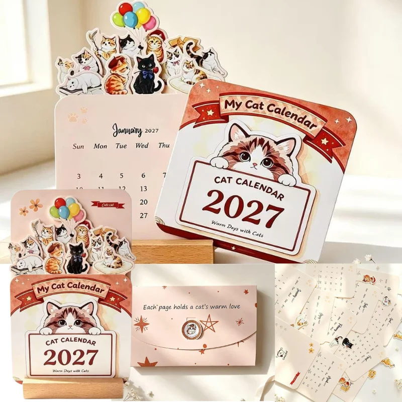2027 3D Cat Desk Calendar Wooden Stand Flip Monthly Planner Cute Cat Pattern Desktop Ornament for Gift New Year's supplies