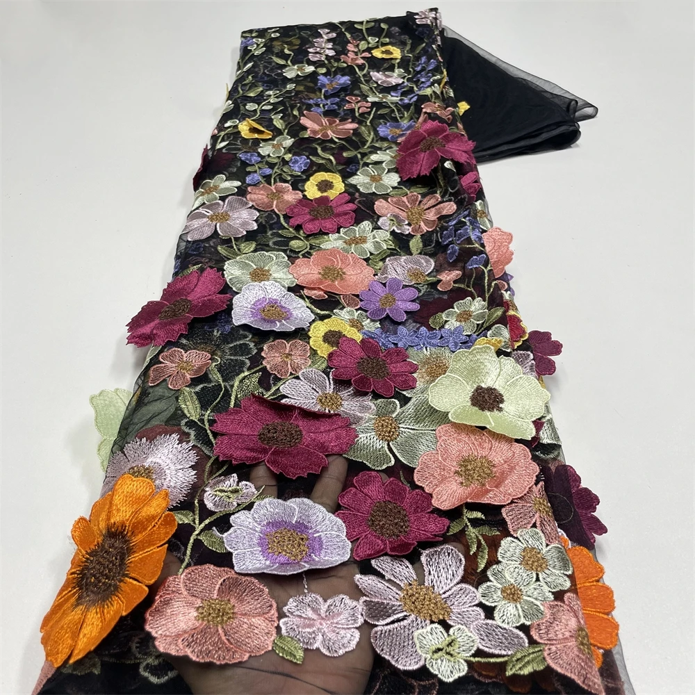 

1 ярд 3DFцветы фиолетового цвета, французская кружевная ткань, высокое качество, кружевная сетка, африканская кружевная ткань, бусины, кружевная ткань, сезон для свадебной вечеринки