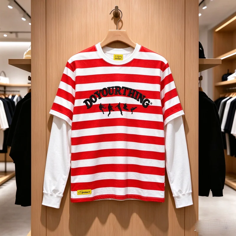 Red White Stripe Fake Two Pieces Protect Long Sleeve T-shirt Men Women Waffle Breathe Sleeve Loose Casual T Shirt Tee Yellow Tag