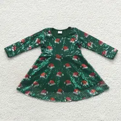 Wholesale Infant Toddler Long Sleeves Christmas Hats Sequins Dress Kids Green One Piece Children Baby Girl Clothing