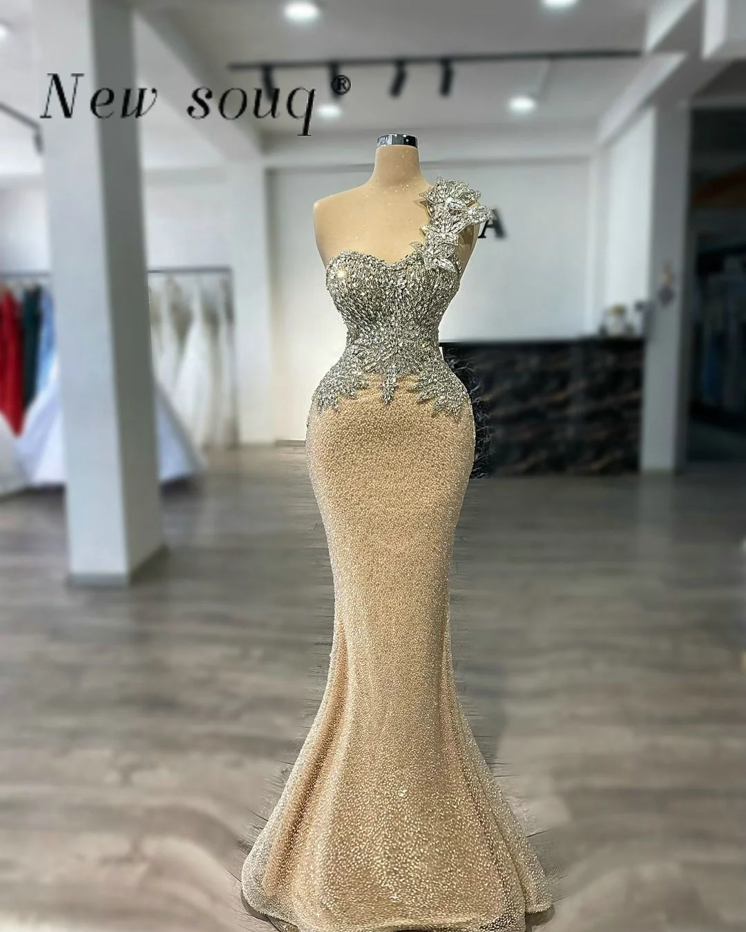 Elegant Champagne One Shoulder Long Bead Mermaid Evening Dresses with Sparkle Crystals Formal Party Gowns Customized