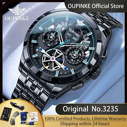 OUPINKE 3235 Automatic Watches for Men Multi-function Black Stainless Steel Skeleton Flywheel Luxury Brand Mechanical Wristwatch