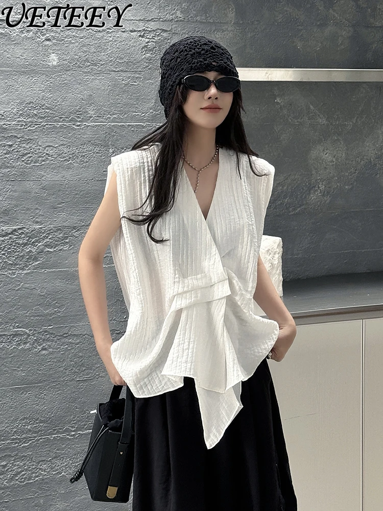 

Niche Design Pleated Craft Vest 2025 Spring and Summer New Loose Tops Irregular Fashion V-neck Sleeveless Shirt for Women