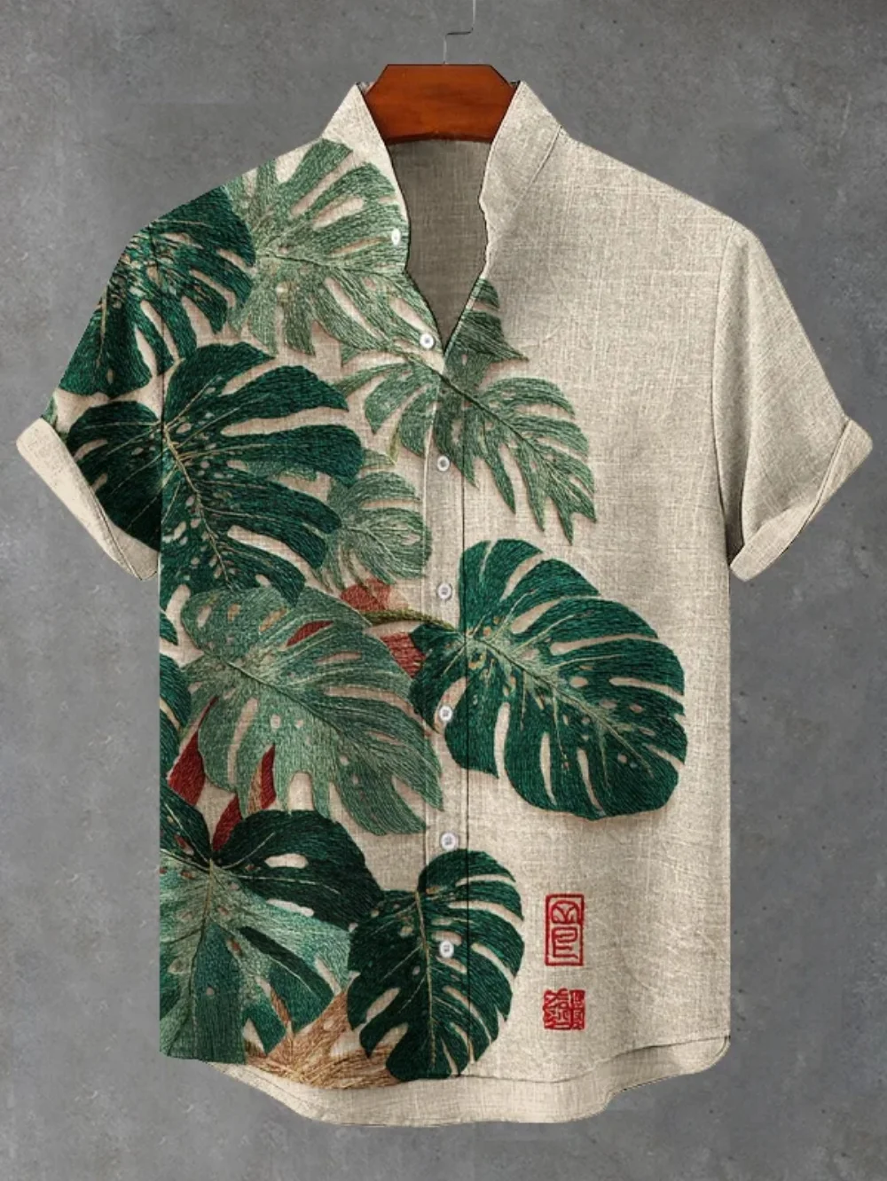 

Summer Men's Linen Shirt Fashionable Stand up Collar Short Sleeved Cardigan High Street Printed Top Streetwear Fashion Men's Clo