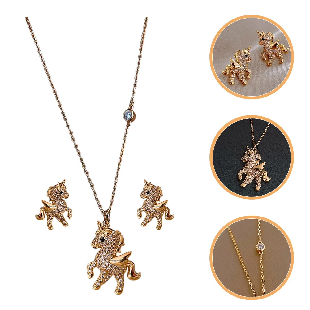유니콘 목걸이 귀걸이 세트 스터드 쥬얼리 소녀용 금속 쥬얼리 초커 목걸이 구리(목걸이) 귀걸이 미스