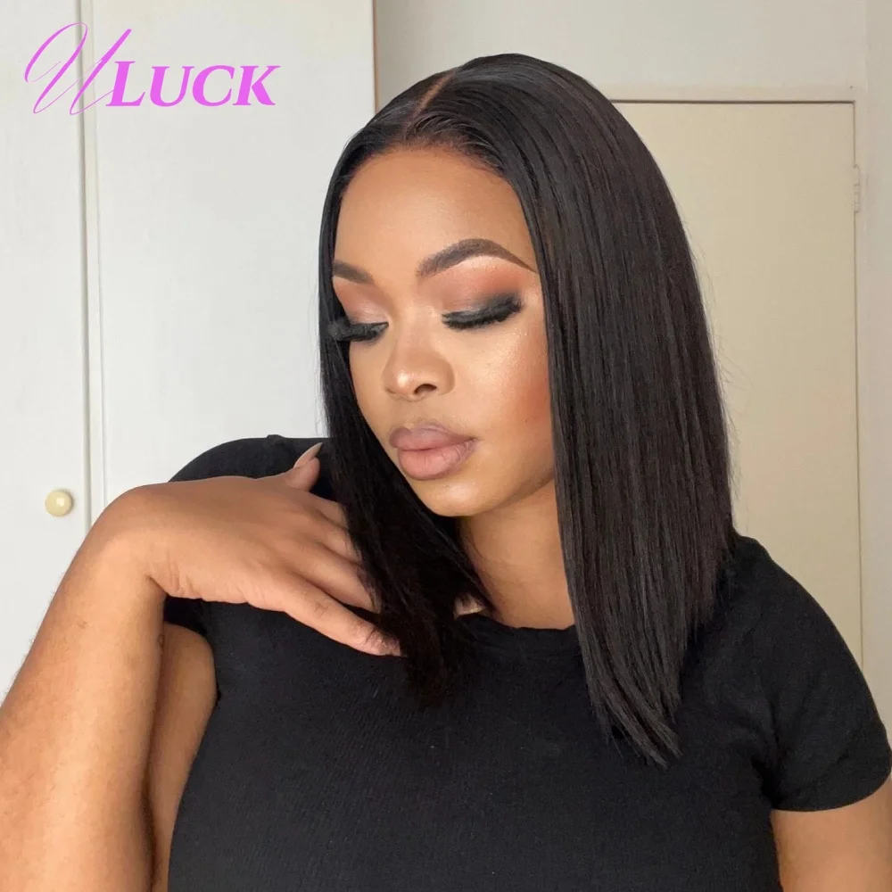 วิกผมบ๊อบตรง Uluck วิกผมแท้แบบ Double Drawn ความหนาแน่น 200% วิกผมลูกไม้ด้านหน้าแบบ 13x4 พร้อมไรผมธรรมชาติสำหรับผู้หญิงผิวสี