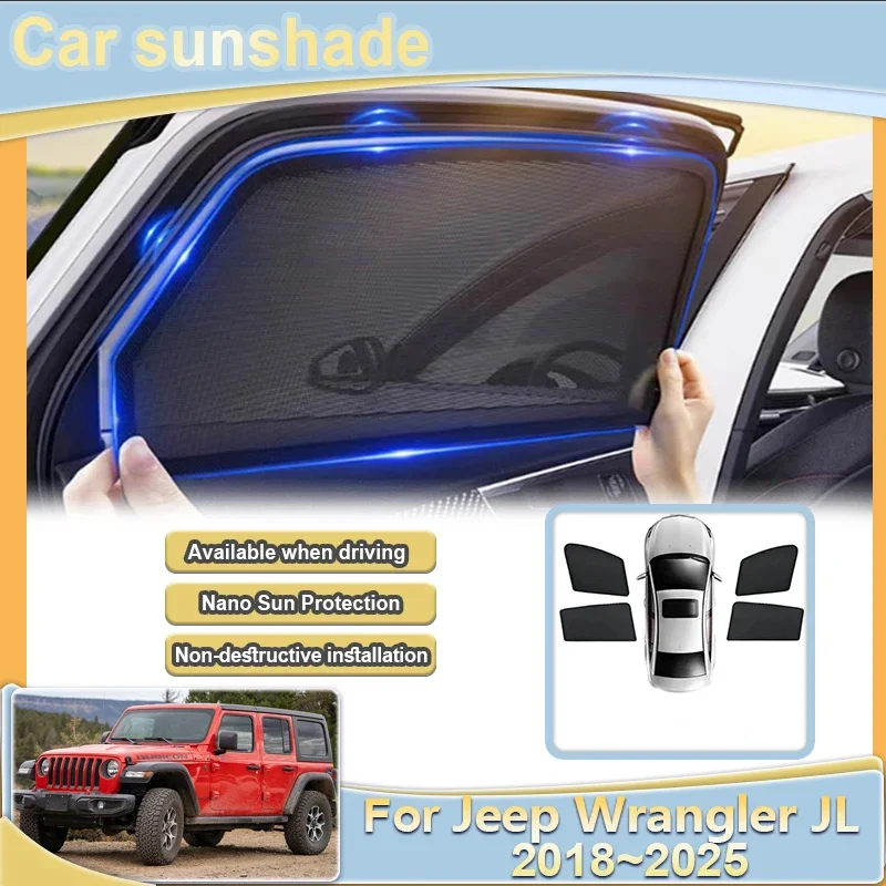 

Для Jeep Wrangler JL Rubicon 4-дверный 2018 ~ 2025 автомобильный занавес для лобового стекла, блокирующий УФ-защитный сетчатый солнцезащитный козырек, автомобильные аксессуары