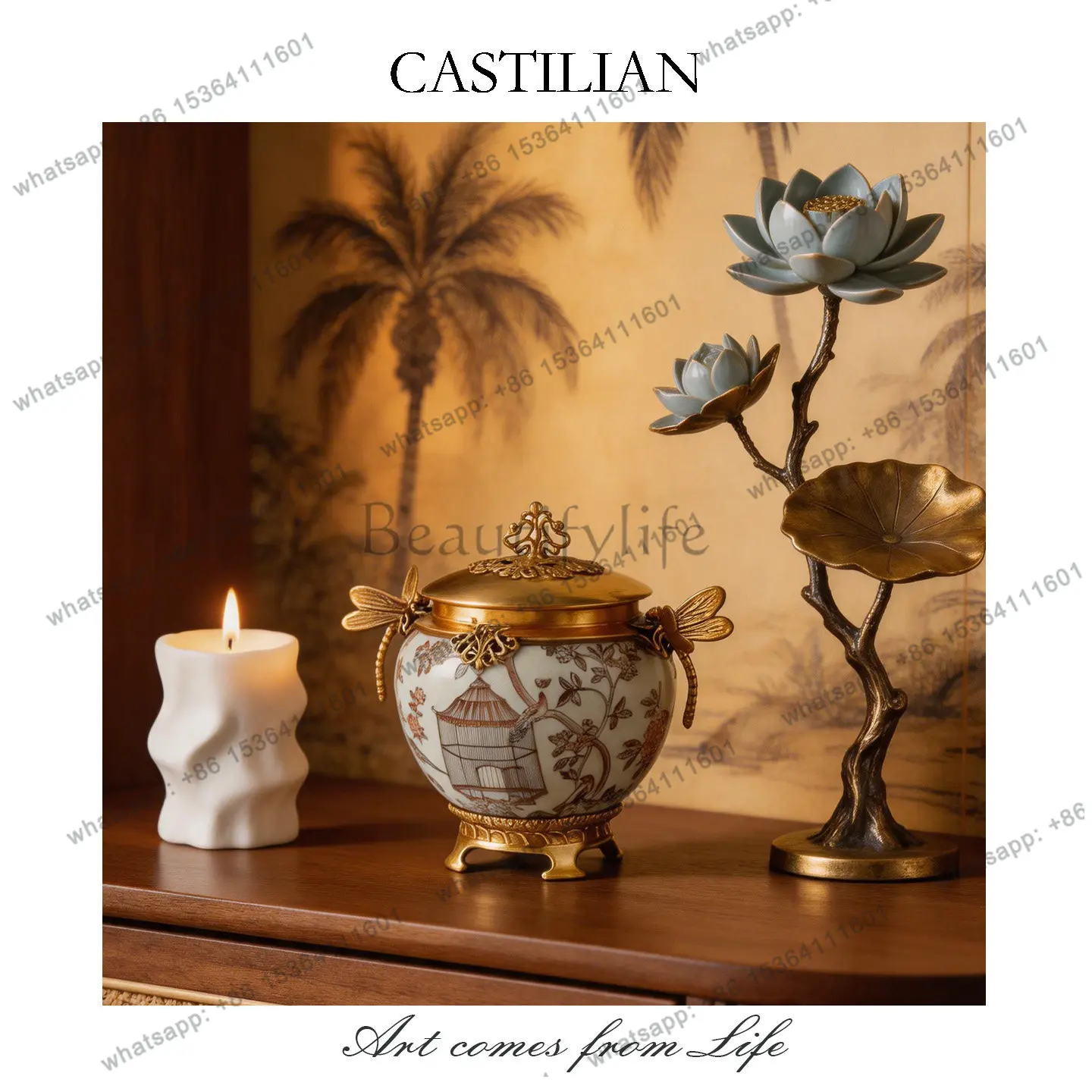 New Chinese light luxury flower bird cage pattern ceramic storage tank living room entrance decoration