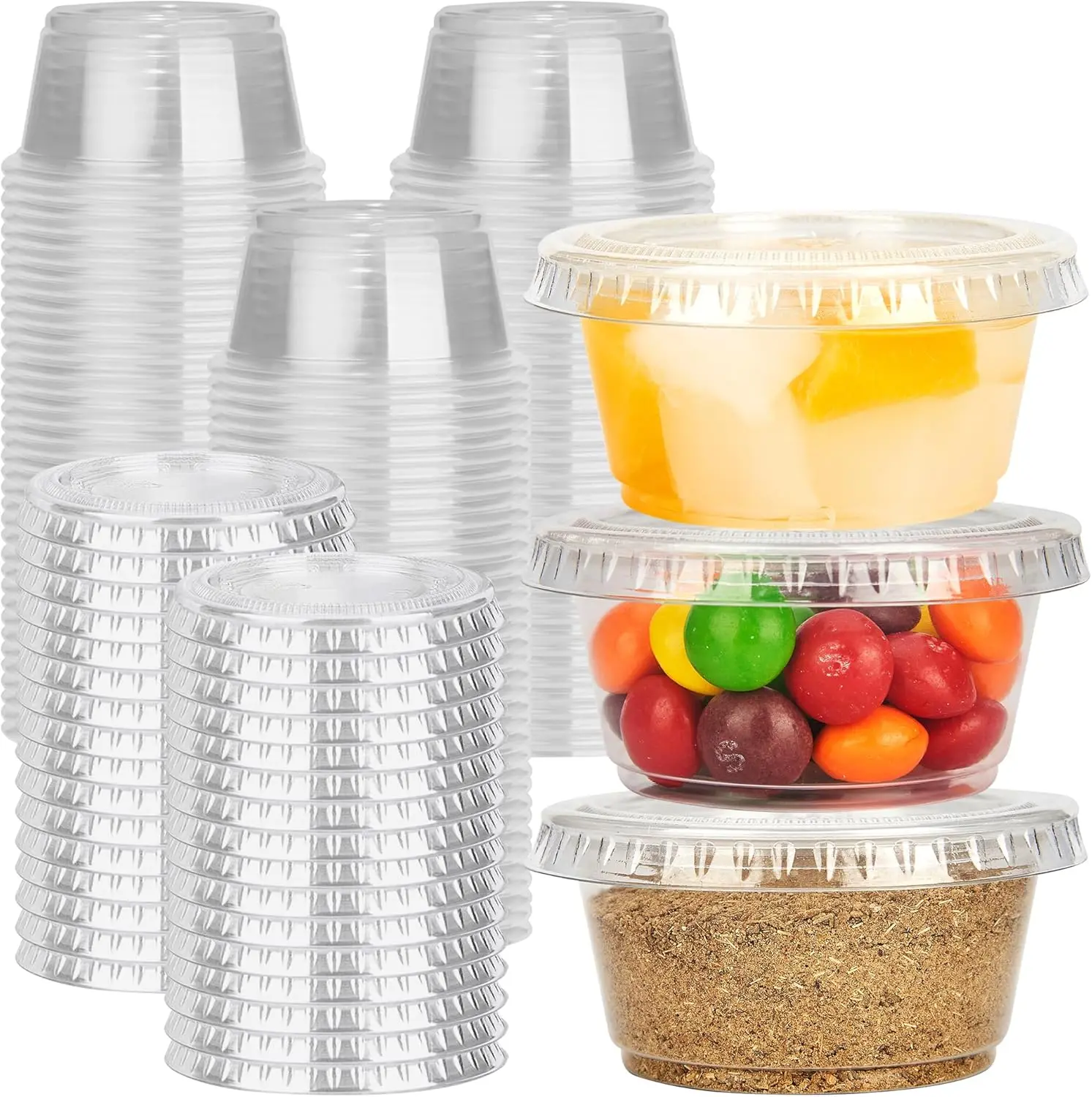 100 Sets 2 oz Klare Einweg-Plastik-Jello-Shot-Becher mit Deckeln für Mahlzeitenvorbereitung, Salatdressing, Soufflé