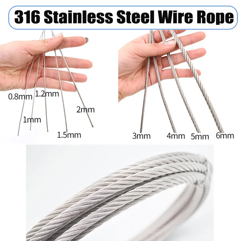 

316 Stainless Steel 0.8-12mm Wire Rope Super Soft Flexible Cable for Lifting Clothesline Deep Sea Fishing Water Pump Hoisting