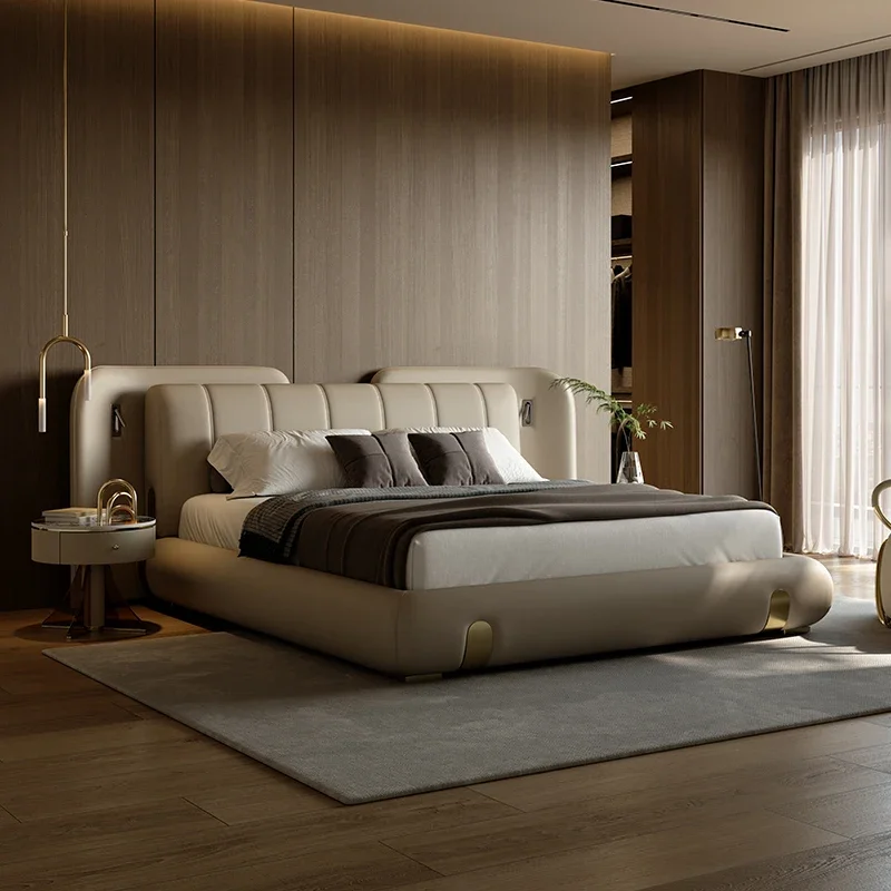 Light Luxury Leather Bed, High-end Designer Luxury Master Bedroom Bed, Minimalist Villa First Floor Cowhide King Bed