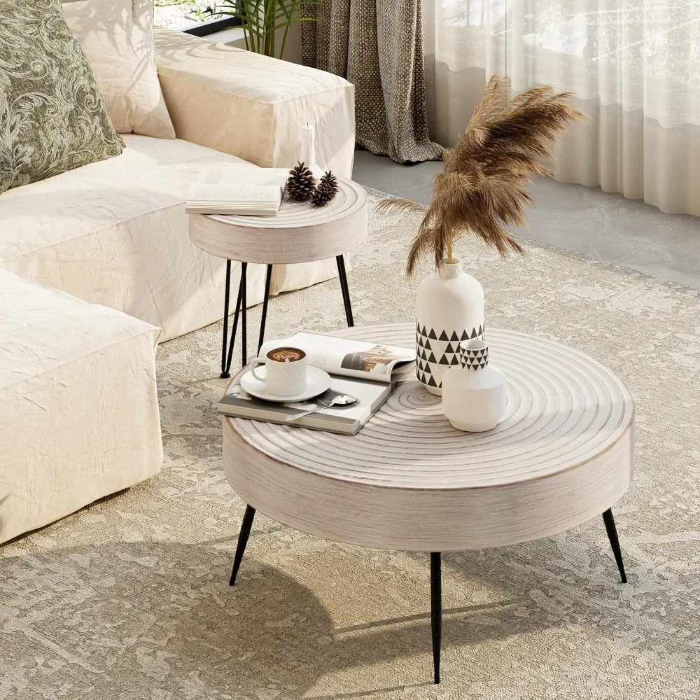 Modern Farmhouse Living Room Coffee Table Set, Mesa Redonda, Acabamento Natural, Anel de Madeira Artesanal Padrão, Branco, 2 pcs