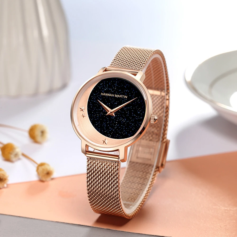 Hannah Martin Women's Starry Sky Watch with Crescent Moon Design Japanese Movement Ladies' Fashion BlingBling Wristwatch